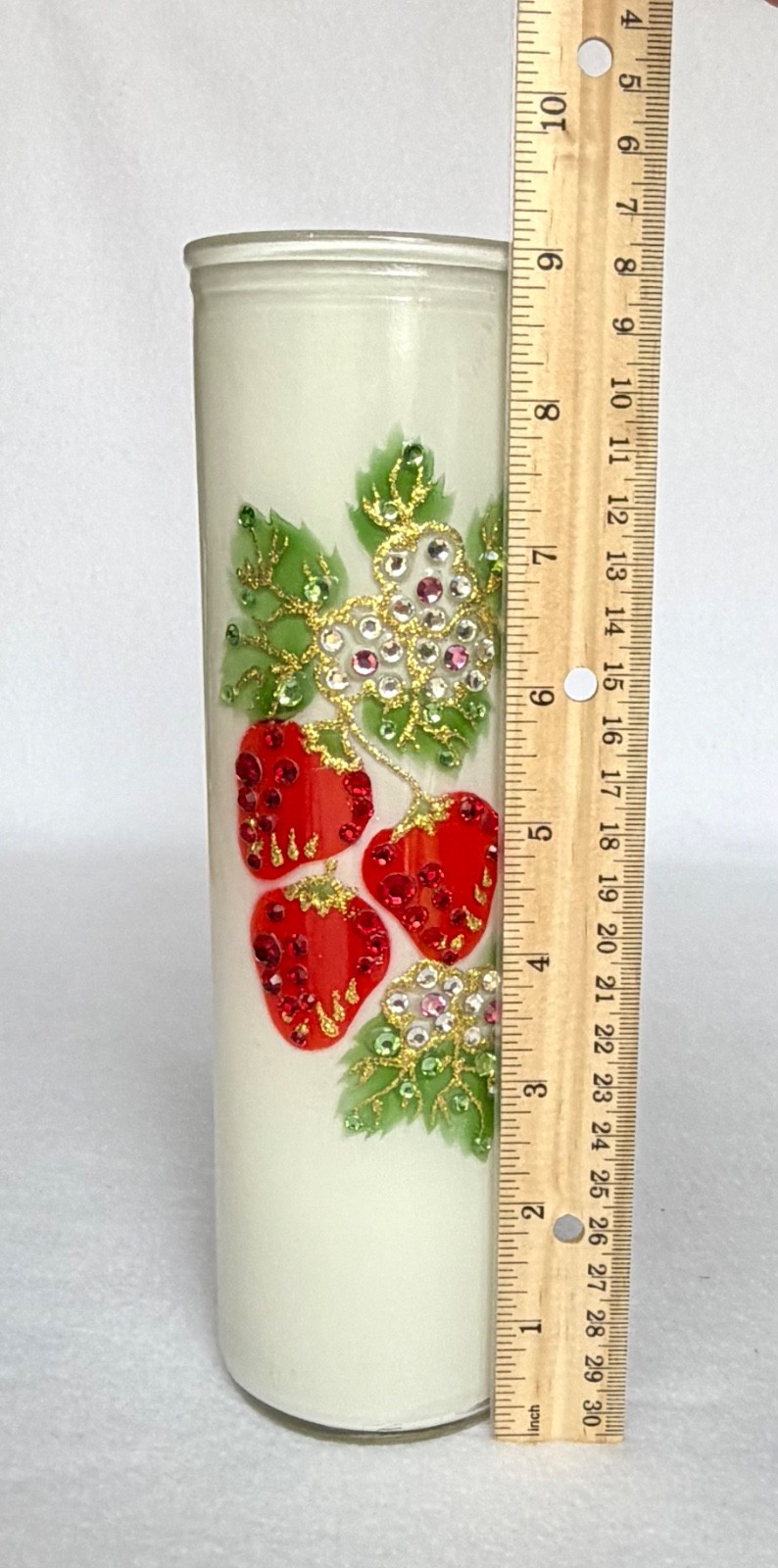 Vintage Candle Holder Glass Red Strawberry Leaf Applied Jewel Rhinestones 9”