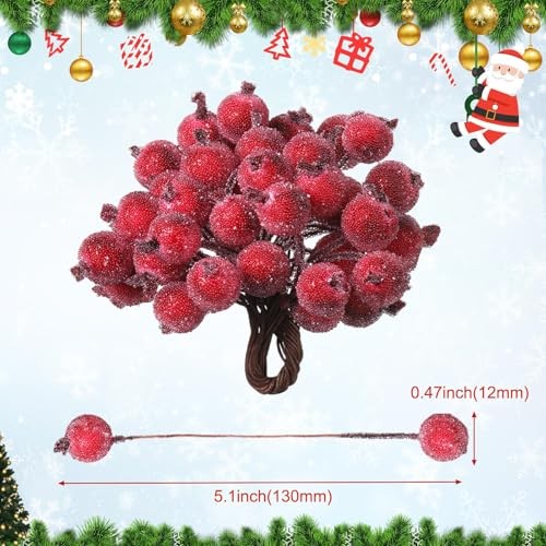 400 Pcs Berries Stems 12 mm Artificial Frosted Holly Berries for Dark Red