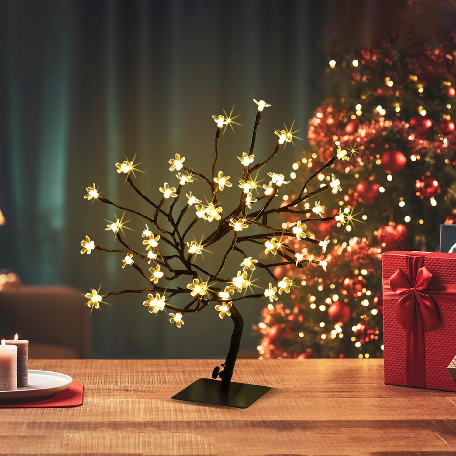 JoyHue Cherry Blossom Tree Lights,Artificial Bonsai Tree with 48 Warm White L…