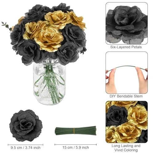 108pcs Roses Head Flowers with Stem – Black & Gold Graduation Black-gold