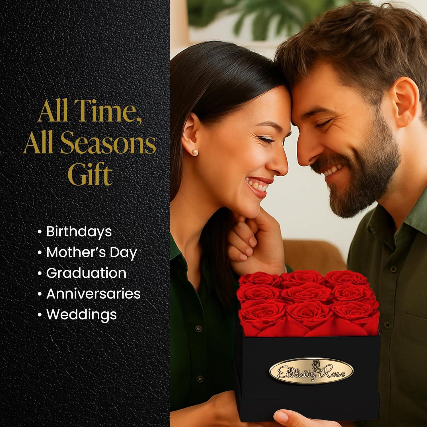 9-Piece Preserved Roses in a Luxury Gift Box – Real Roses in Square Black Box –