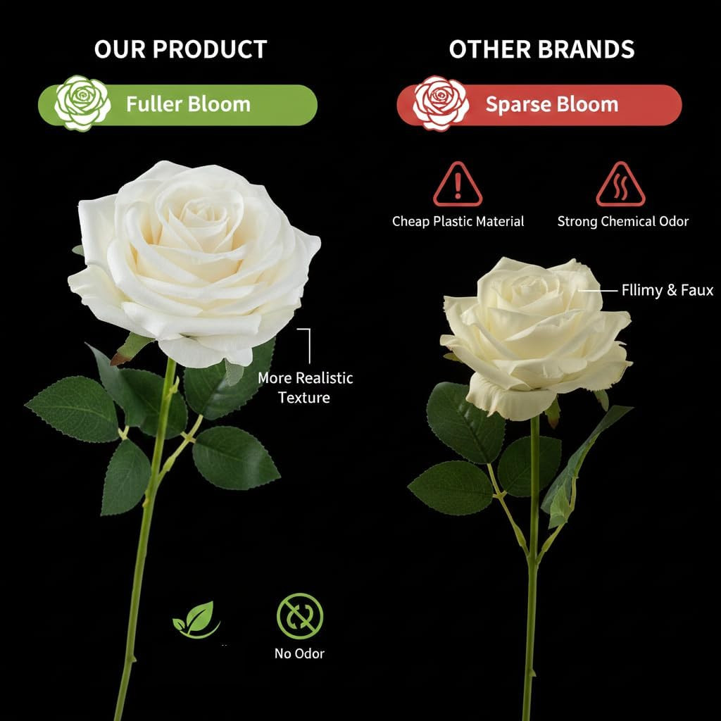 100 Pcs White Silk Roses – Long Stem Fake Flowers for Weddings & Decor