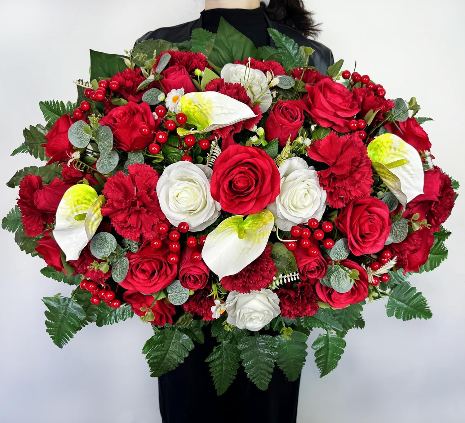 Elegant Artificial Cemetery Flowers with Vases – 3Pc Red Rose & Carnation Set