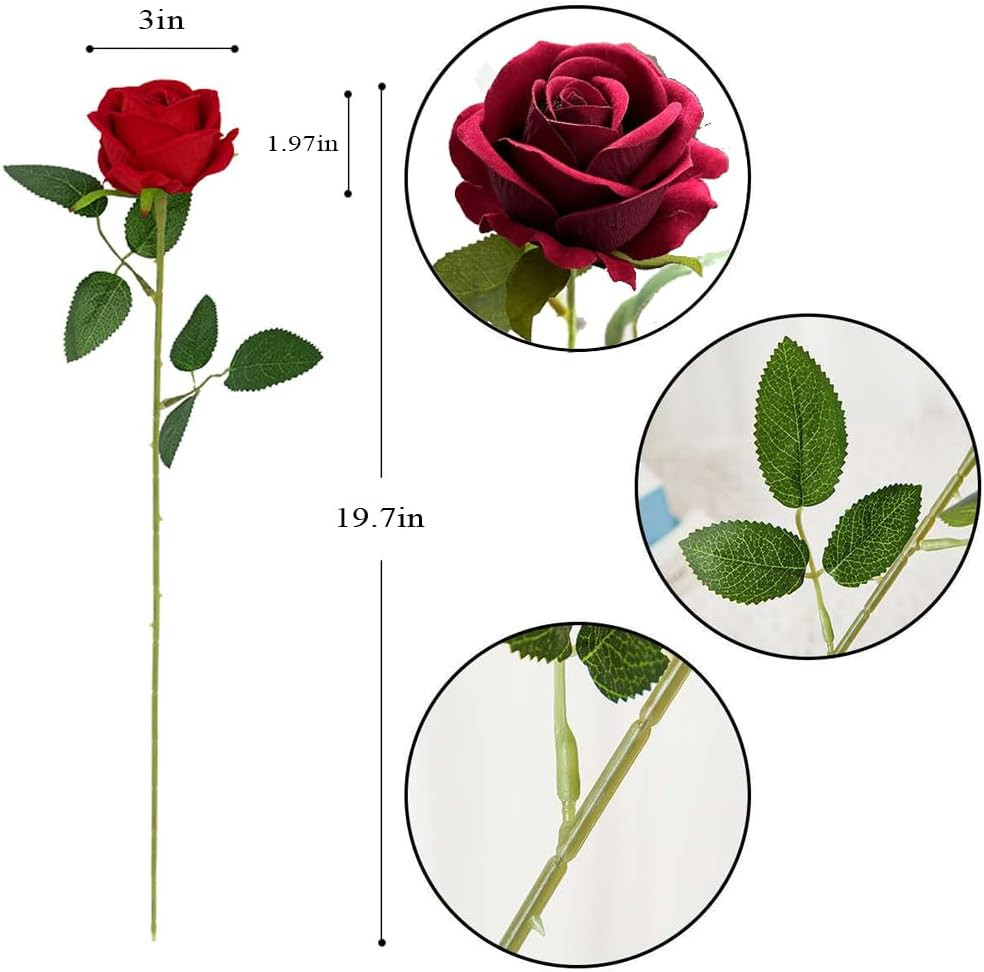 12PCS Artificial Roses Realistic Velvet Silk Flowers Long Stem Faux Flowers Bouq