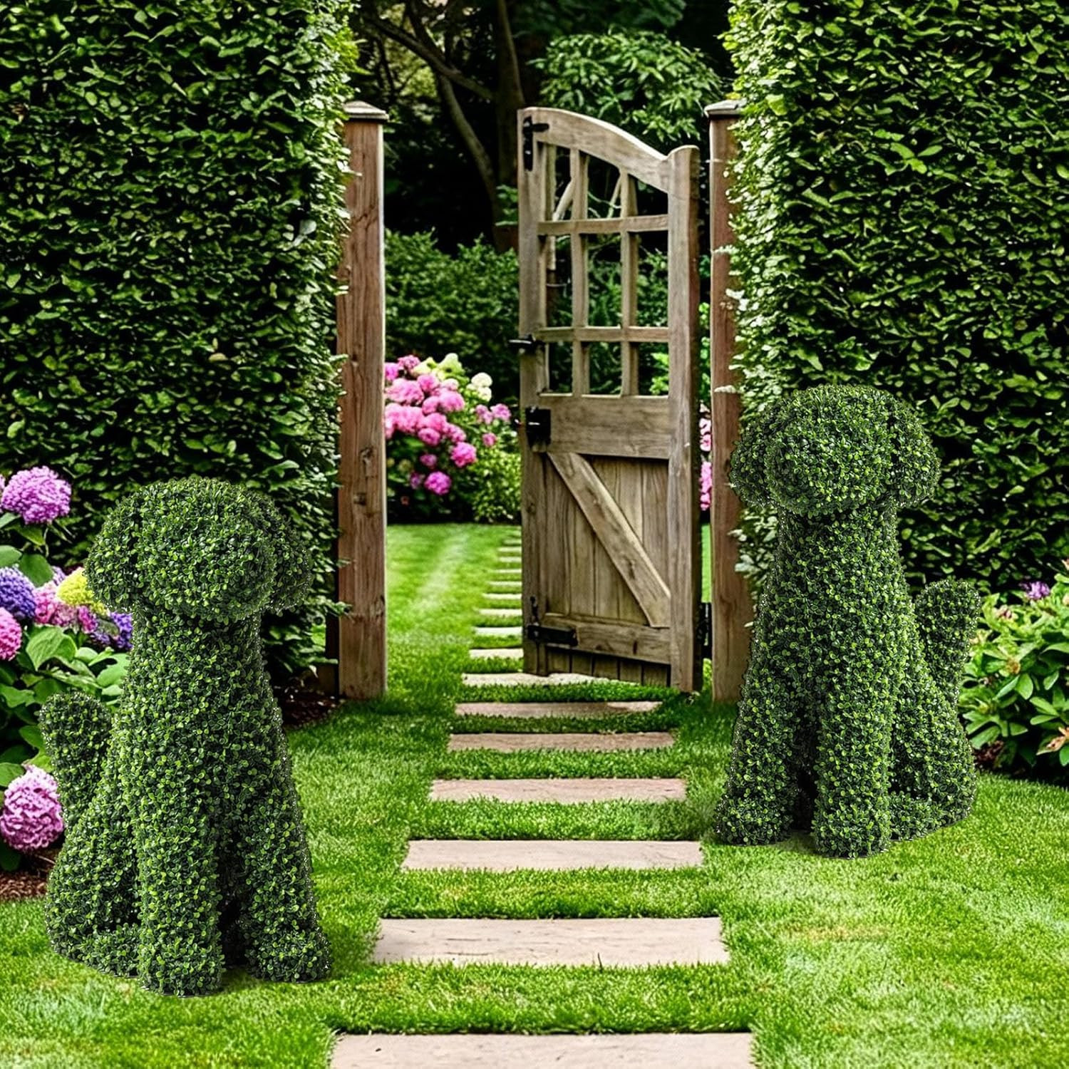 24″ Artificial Topiary Dog Statues – Green Flocking Garden Decor (2 Pcs)