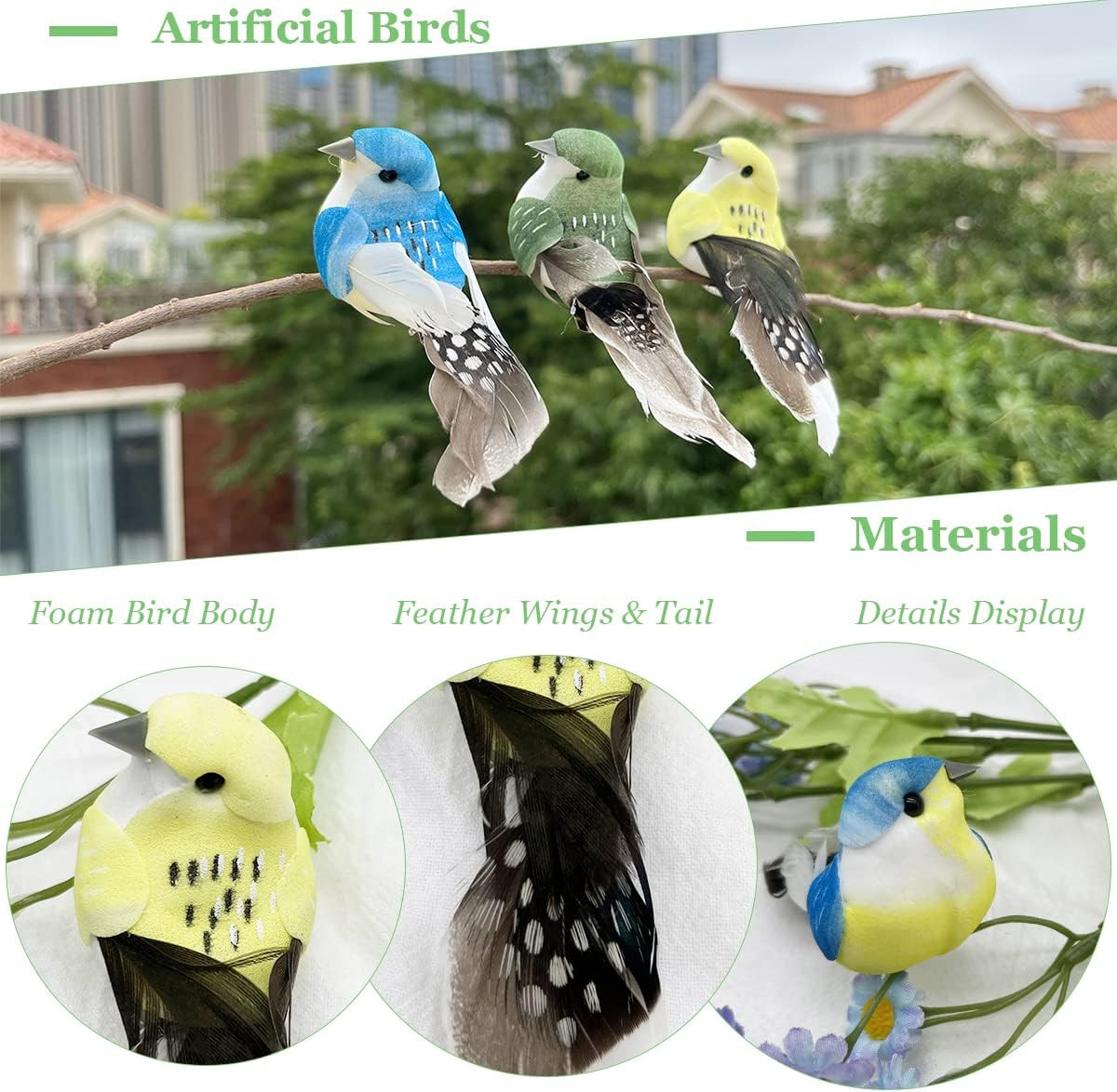 12pcs Small Artificial Simulation Foam Feather Bird 3-Inch Realistic Sparrow Cli
