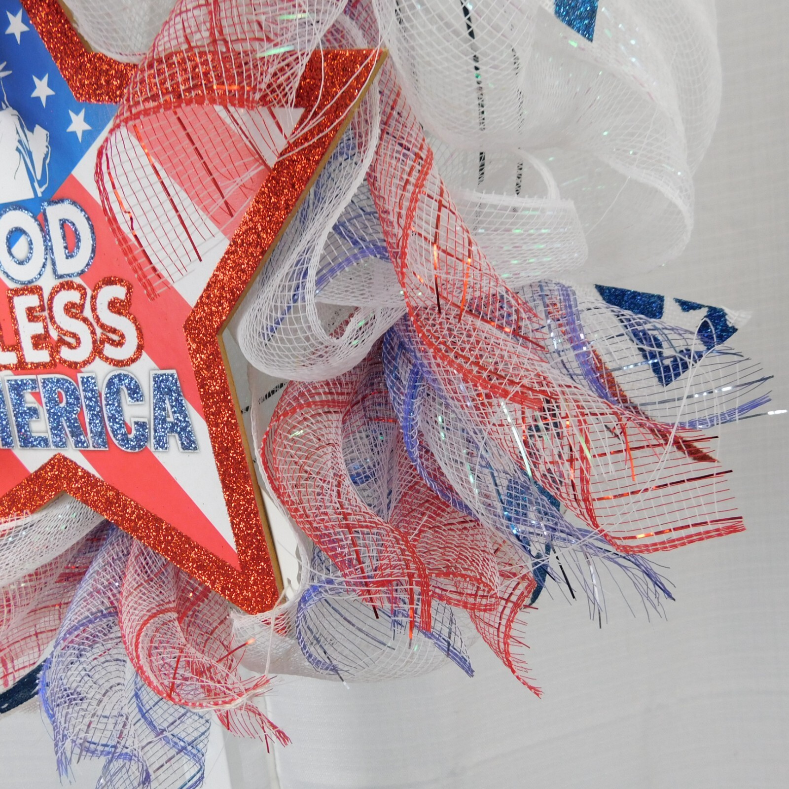 Handmade Mesh Wreath Patriotic God Bless America Glitter Star July 4th #C316