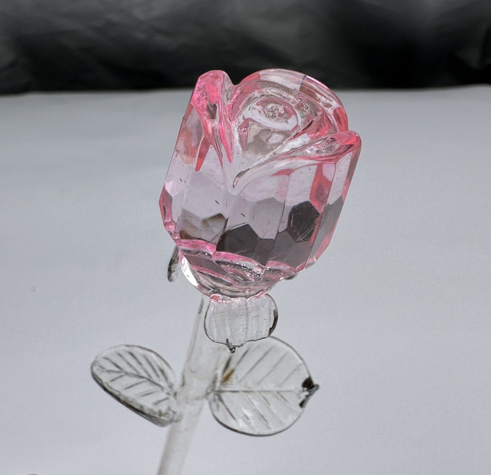 9” Pink Crystal Glass Rose Figurine Closed Bud Long Stem Flower Sculpture