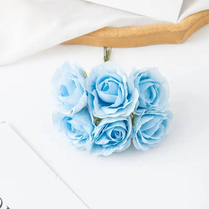 6Pcs Artificial Silk Tea Rose Mini Bouquet for Wedding Christmas Diy Home Decor
