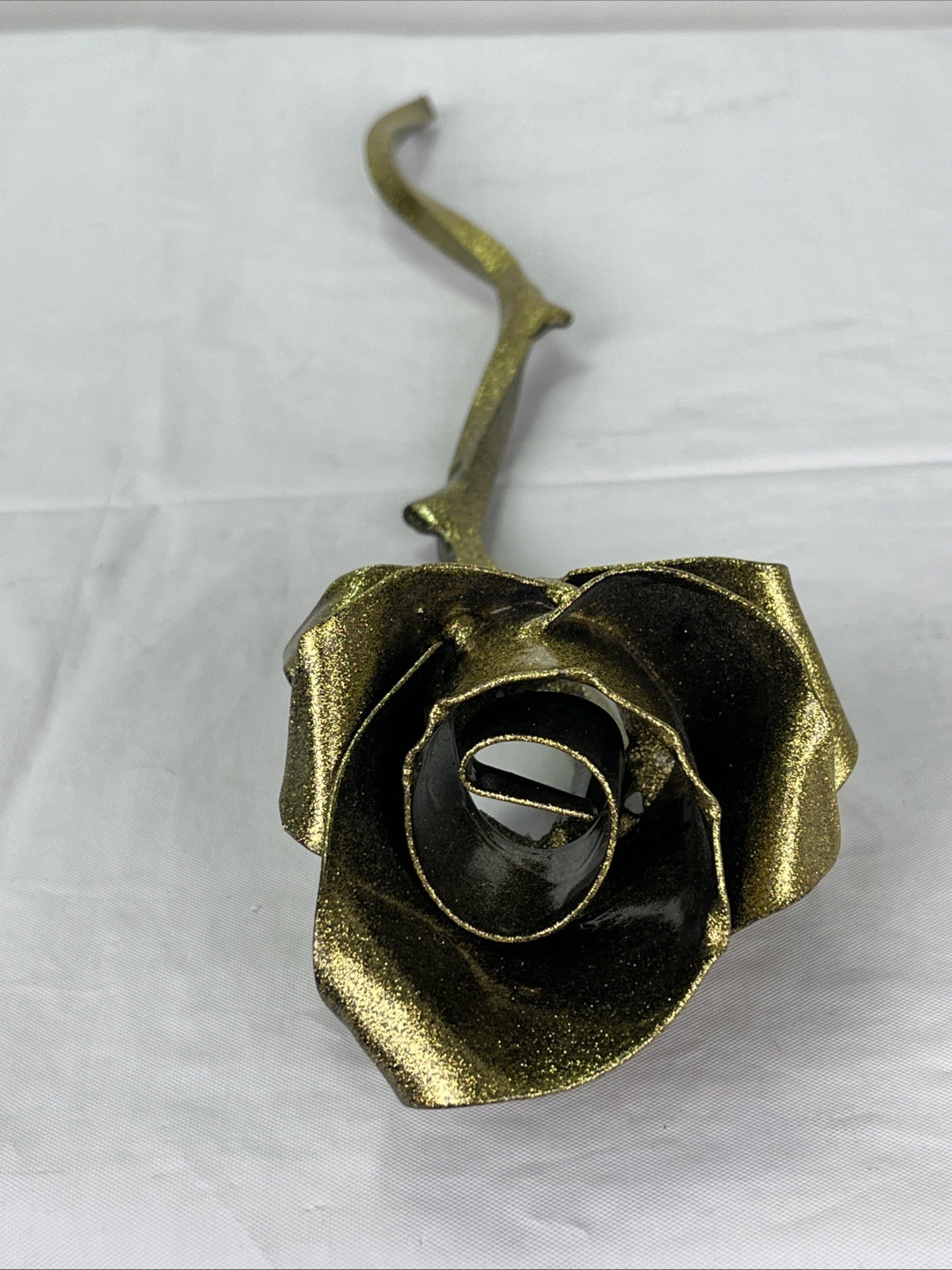 Hand Forged Rustic Metal Rose w/ Thorns Sculpture Gold Sparkles