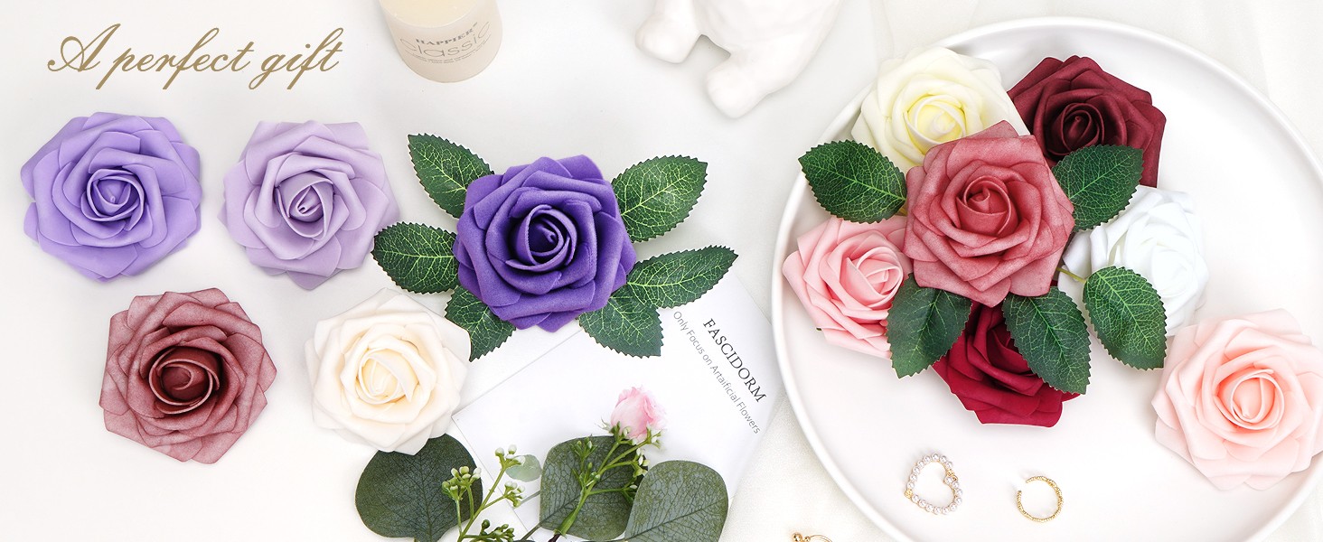 16Pcs Artificial Flowers Fake Roses with Stems, Ivory White Boxed Foam Roses for