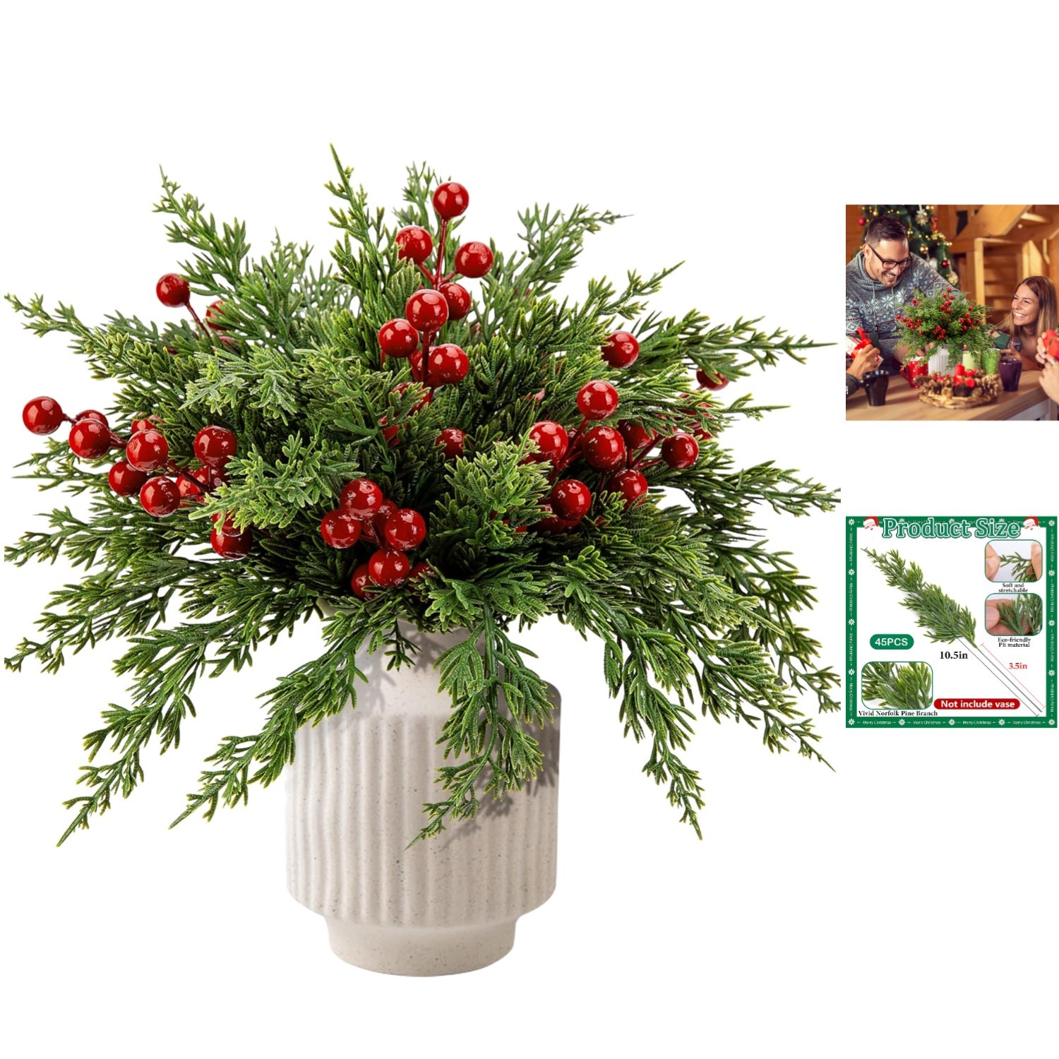 10.5” Faux Evergreen Pine Branches with Red Berries – 60 Pcs for Home Holiday