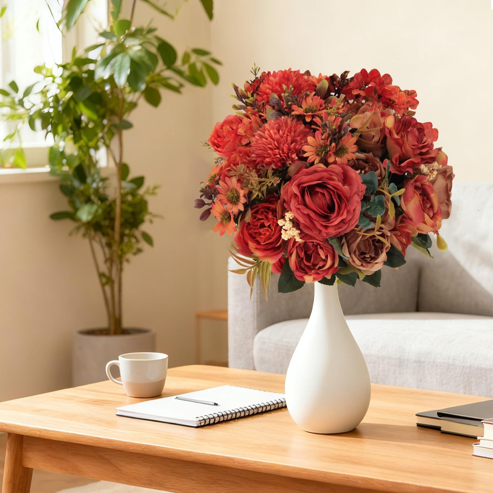 3 PCS Burnt Orange Artificial Silk Rose Pompom Daisy Fall Floral Centerpiece