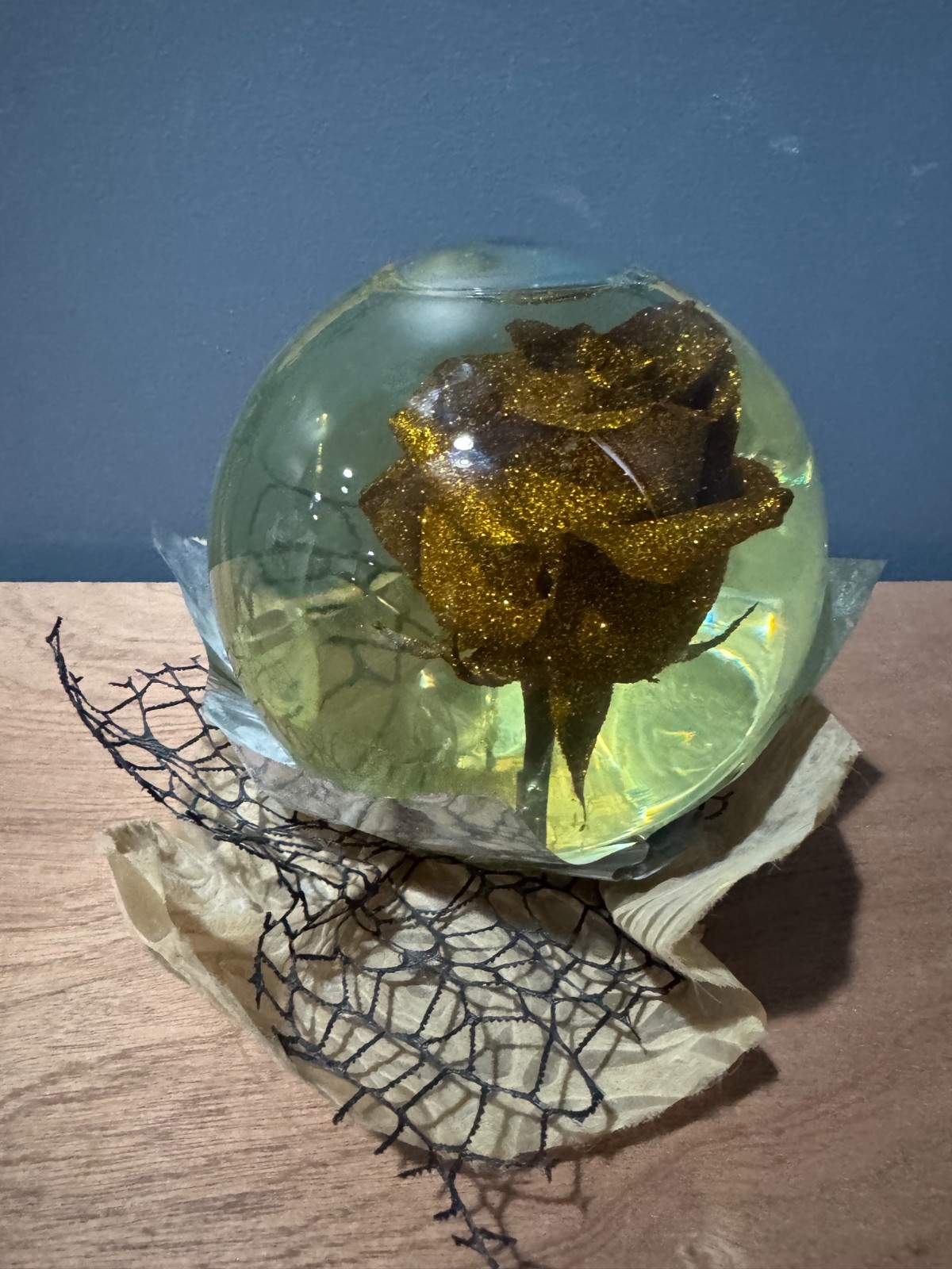 Forever Gold Glitter Rose In Glass Ball Water Dome Globe Large Real Rose Rare