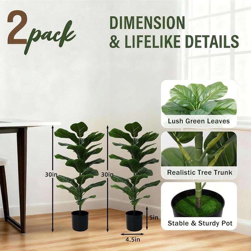 30 Inch Artificial Fiddle Leaf Fig Trees 2-Pack Faux Indoor Plants Home Decor US