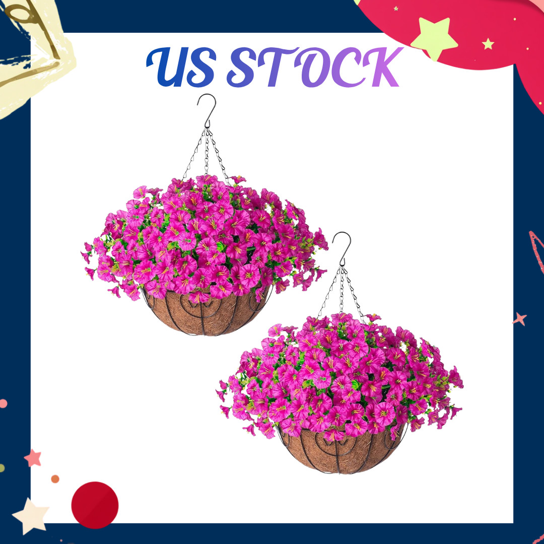 NEW 2 Set Artificial Hanging Flower Baskets UV Resistant Faux Plants w/ Planters