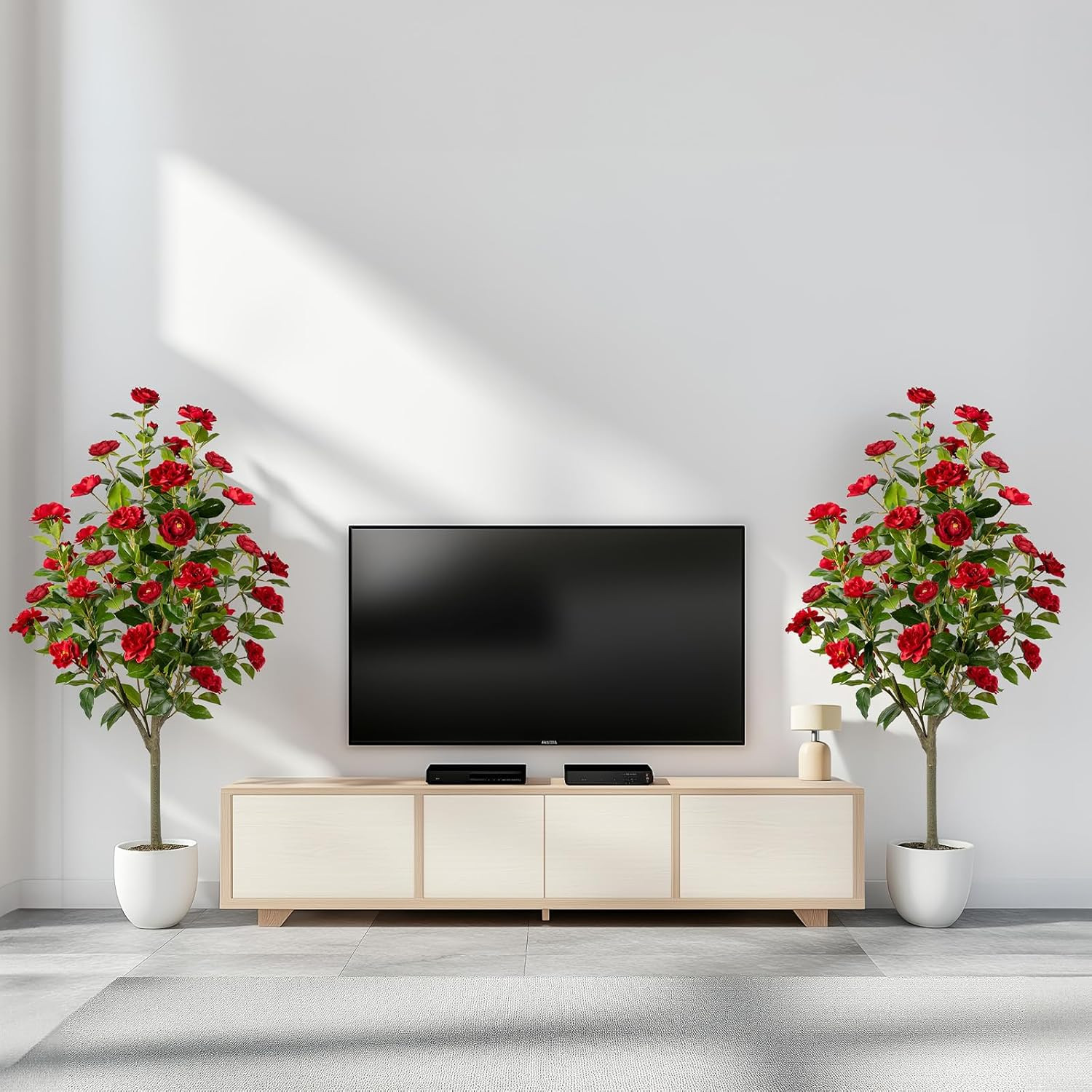 4FT Artificial Camellia Tree Set – Faux Floral Plants in Cement Pots