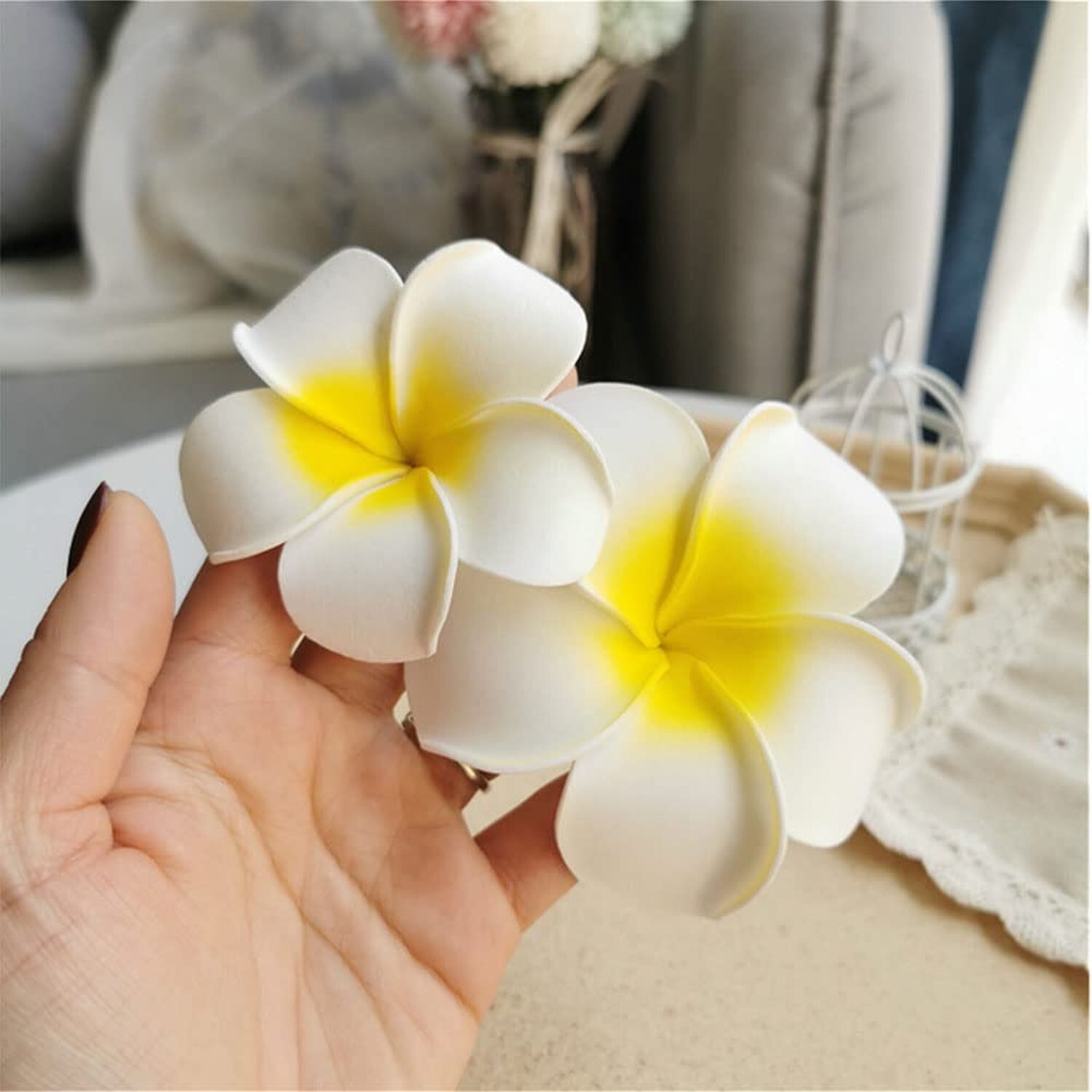 12PCS 2.4Inch White Foam Hawaiian Frangipani Artificial Plumeria Flower Hat H…