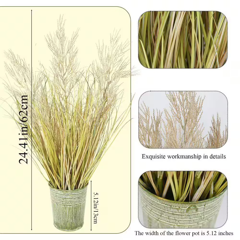 9.84 In. Outdoor Green Artificial Plant Faux Onion Grass Pampas Shrubs Reed Flow