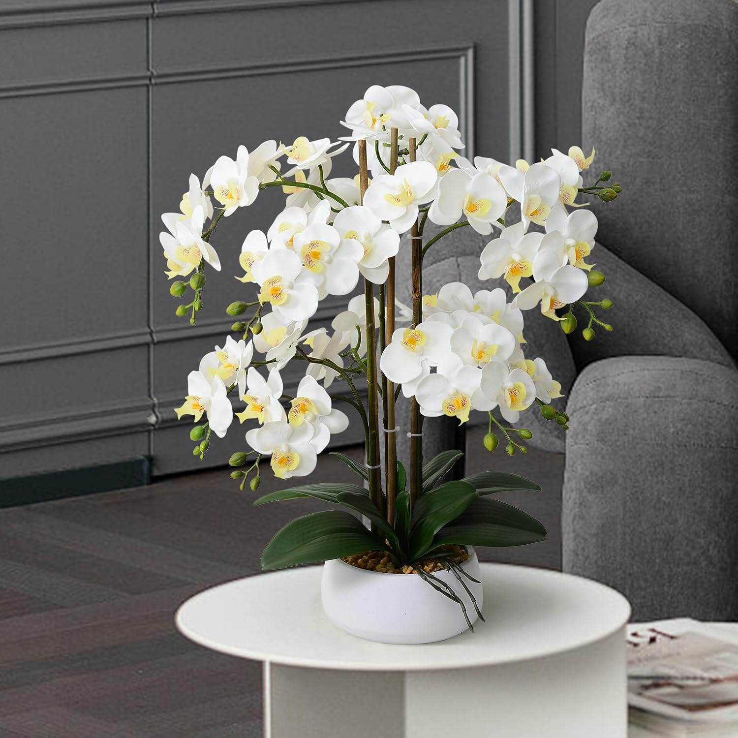 Realistic White Orchid Arrangement in Ceramic Pot for Home Decor