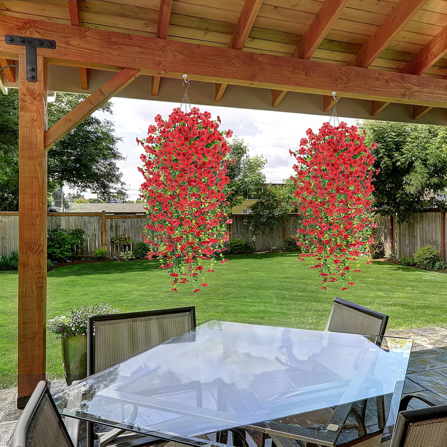 Artificial Fake Hanging Plants Flowers for Spring Outdoor Outside Decor, Red