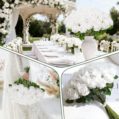 100 Pcs Artificial White Roses Silk Flowers for Wedding Home Decor