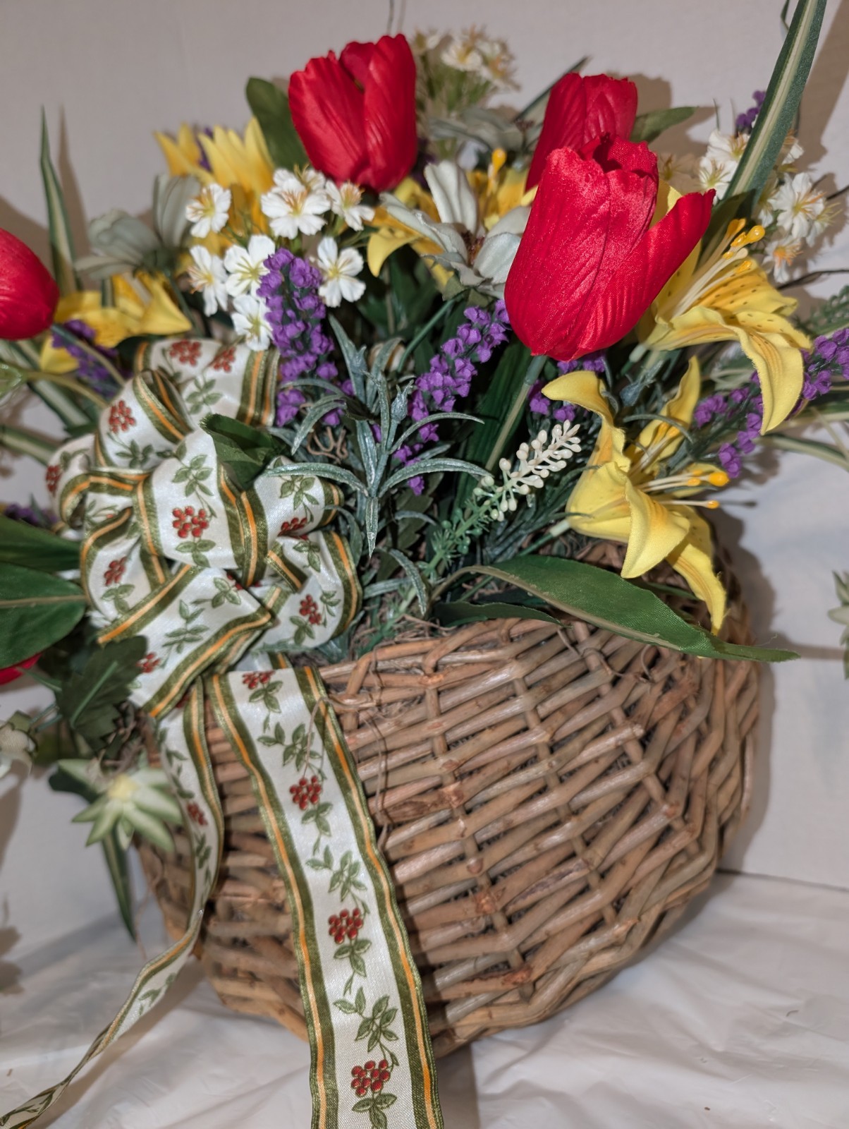 Handmade Lavender & Many Mixed Artificial Flowers Hanging Wall Basket 25”