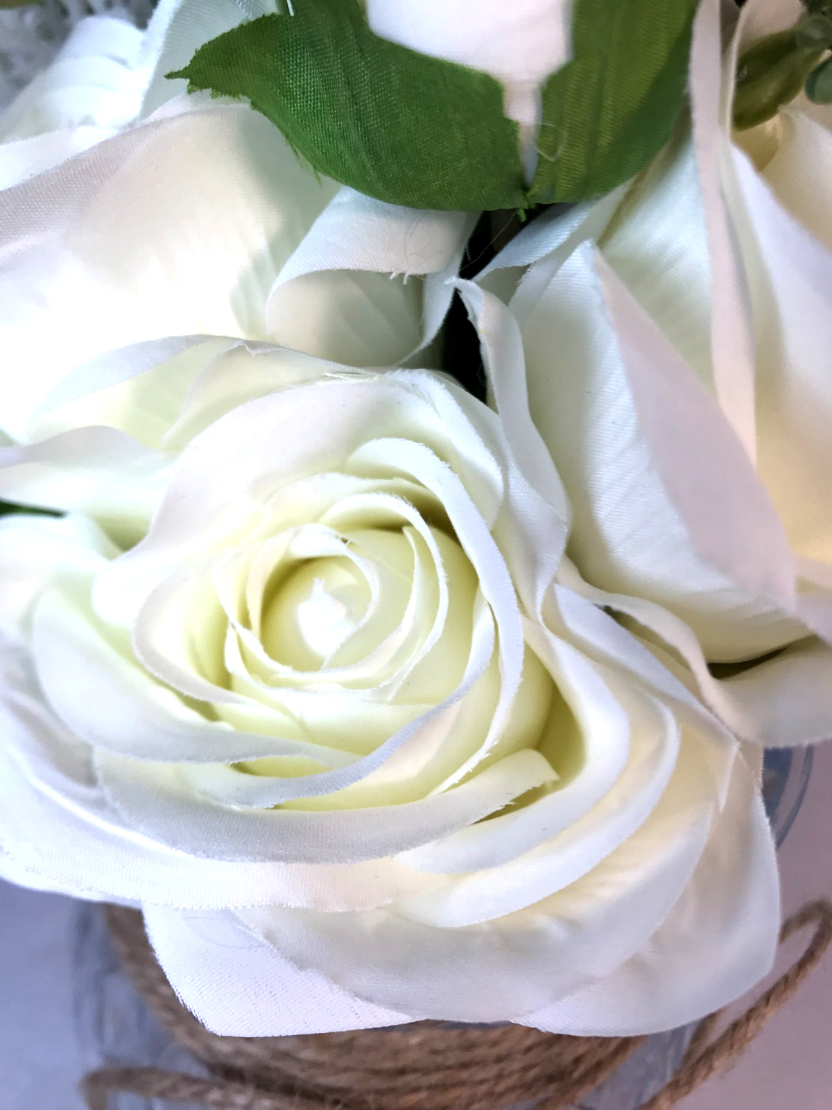 Faux White Silk Rose Flower Arrangement Glass Vase Rustic Decoration 2 Pack