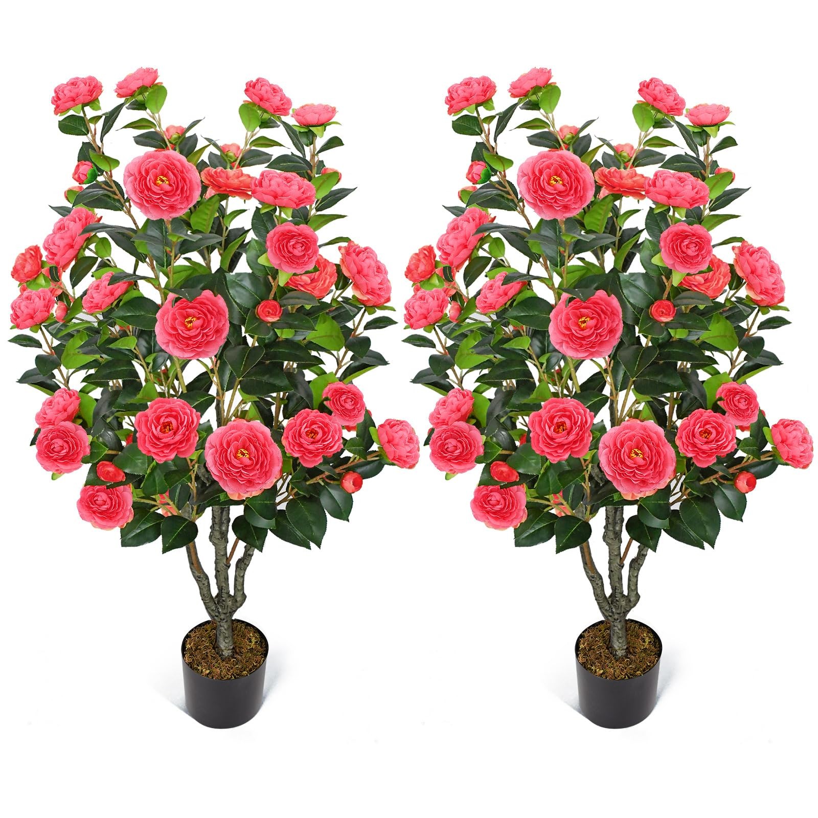 2 Pack 42″ Fake Tree Rose Pink Artificial Camellia Tree with 36 Blooming Flow…