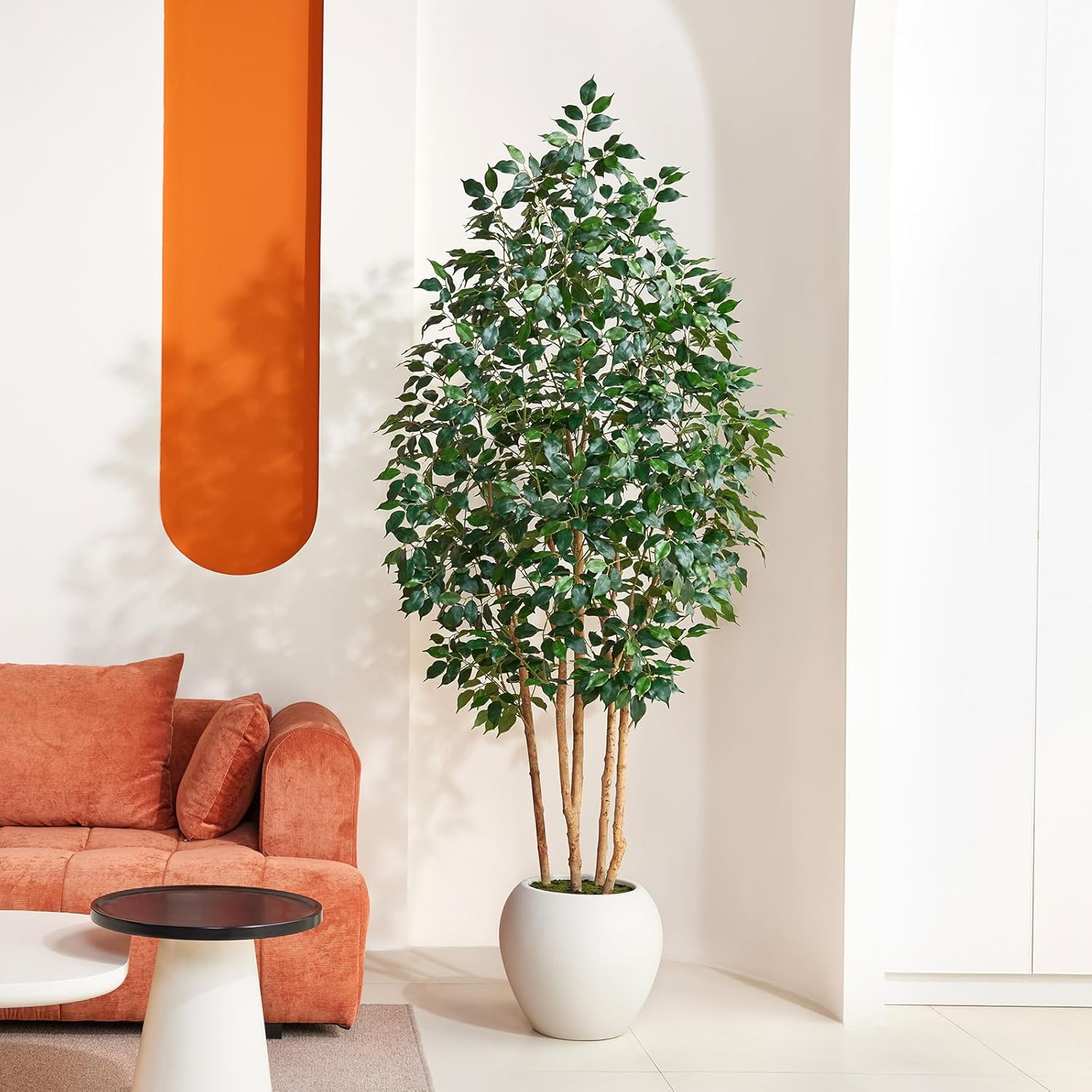 7Ft Ficus Tree – Realistic Faux Plant with White Planter for Home & Office Decor