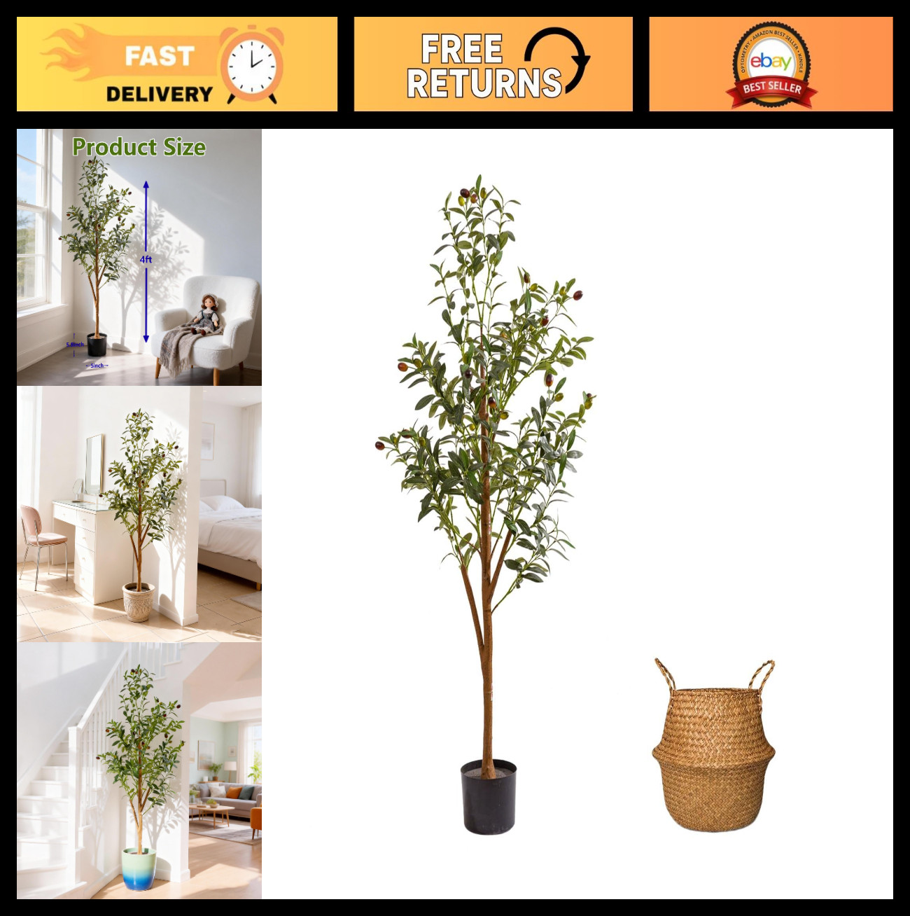 4FT Faux Olive Tree with Pot & Basket – Realistic Silk Leaves & Fruits for Home