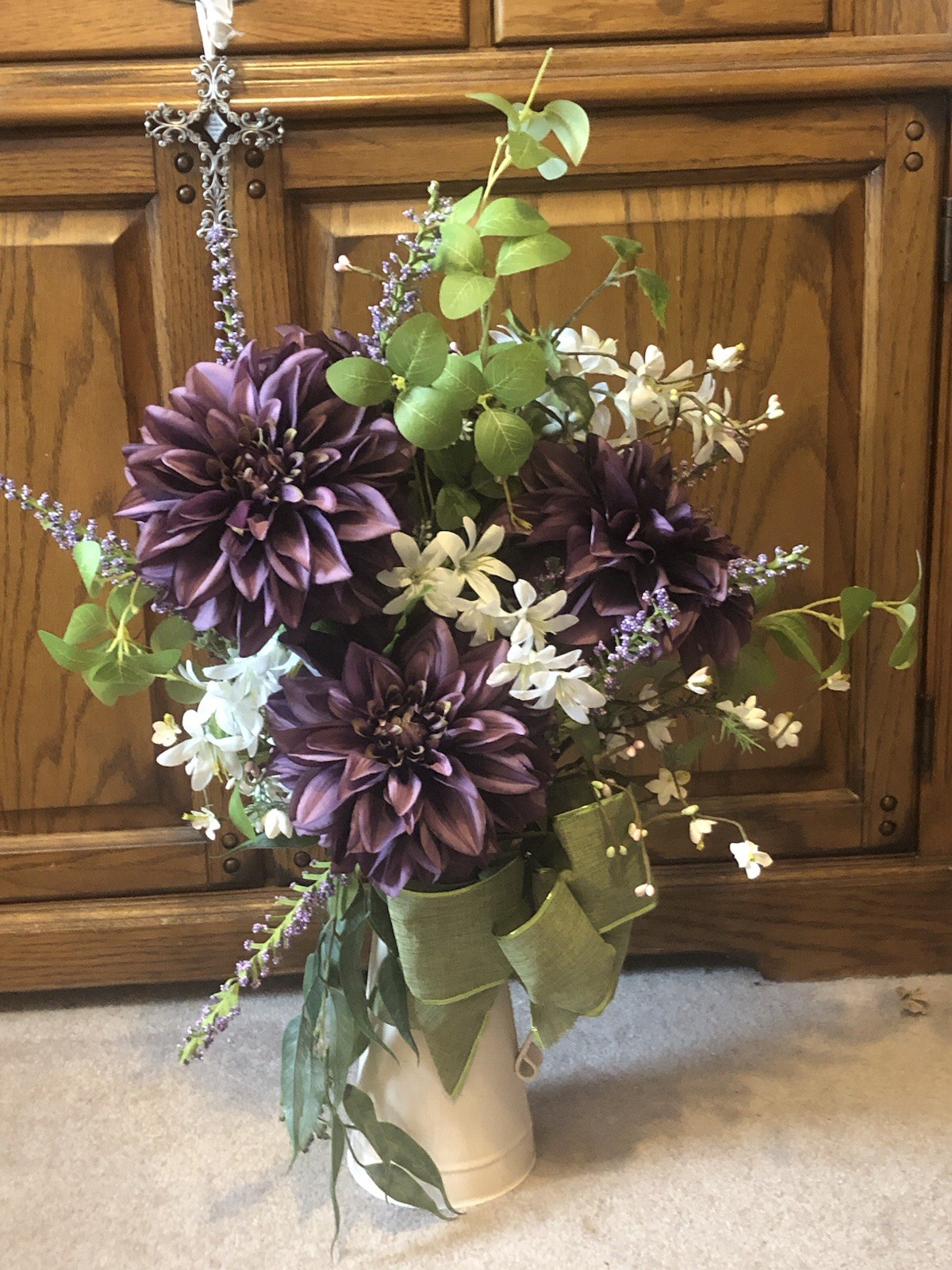 Floral Centerpiece/Side Table Decor, 26” Tall By 18” W Maroon Purple,Grn, White