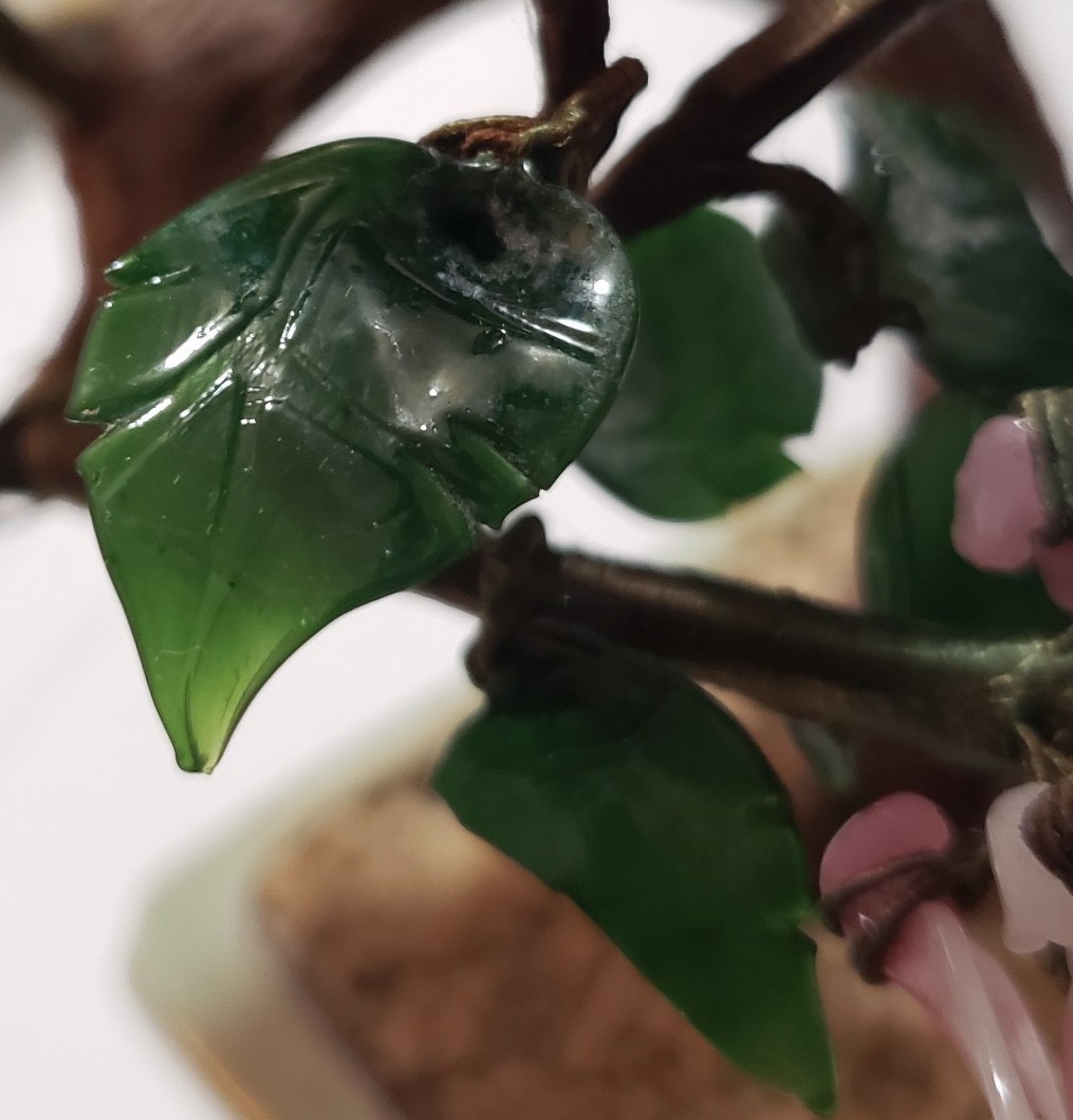 VTG Cherry Blossom Jade? Gemstone Leaves Bonsai Tree Rose Quartz Petals *Cracks
