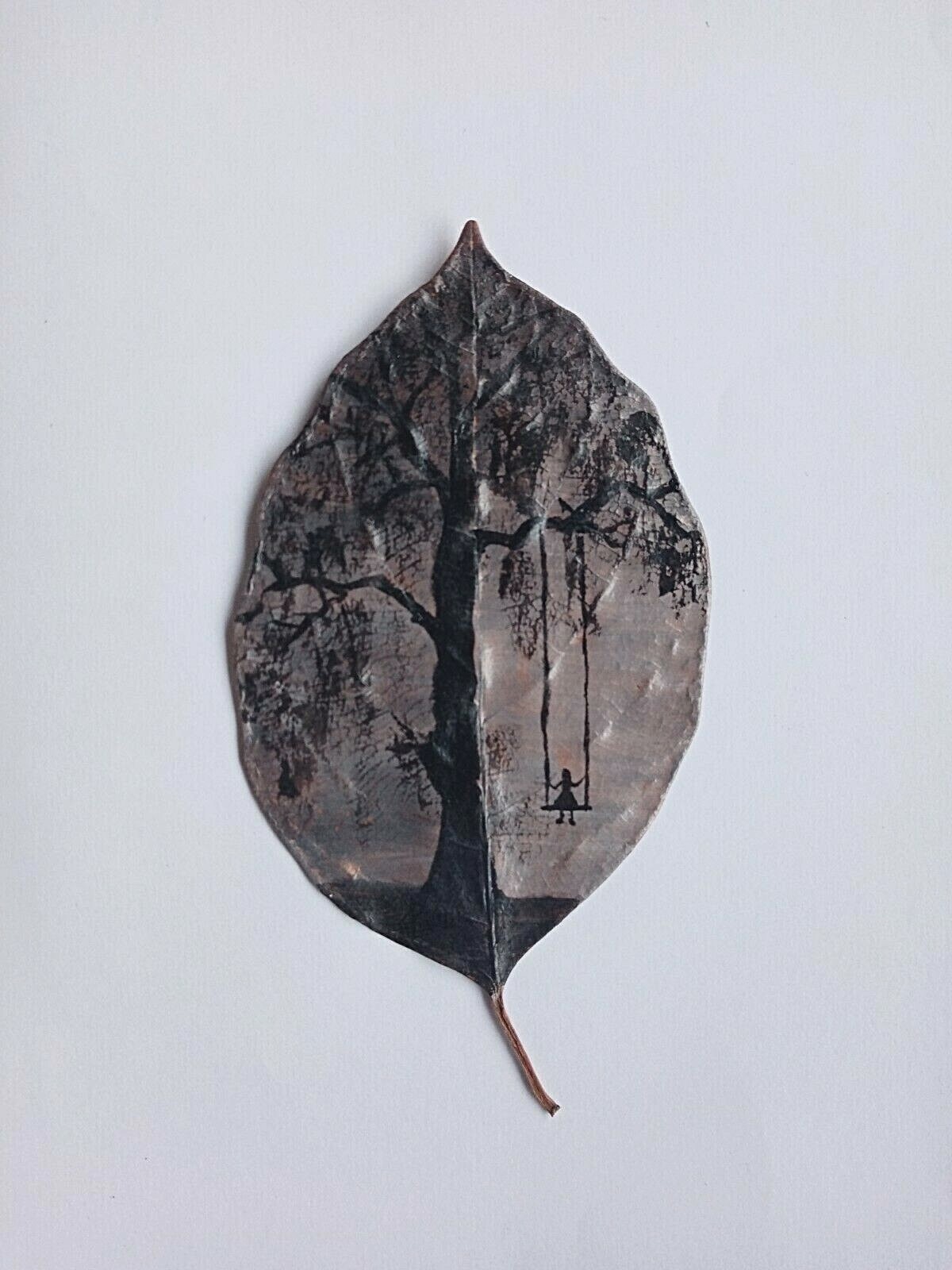 Hand Painted Leaf Art Miniature Dry Acrylic Landscape Drawing Signed By Artist