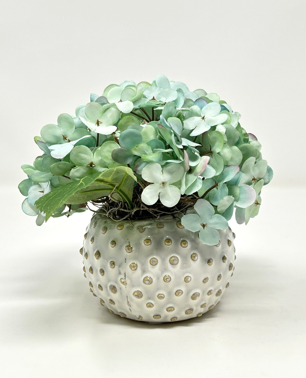 Mini 5.5″ Artificial BLUE-GREEN HYDRANGEA faux Silk flower potted in Cream Dot C