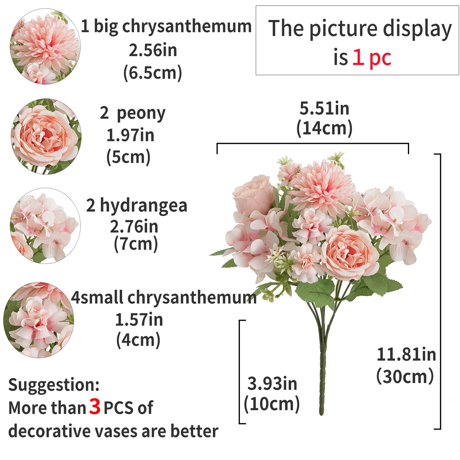 1/4Pcs Realistic Artificial Flower Bouquet, Reusable Faux Peony Chrysanthemums H
