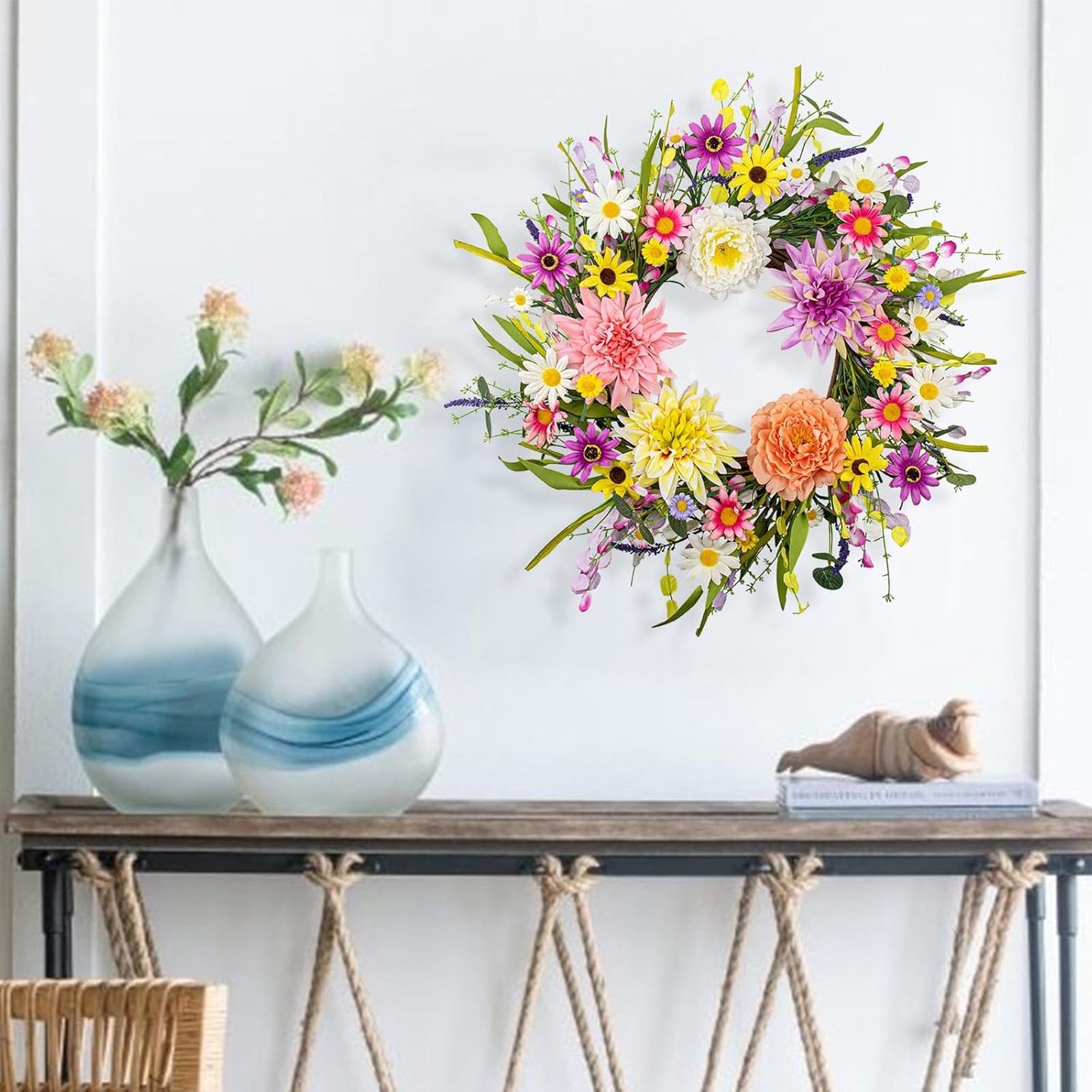 Artificial Spring Wreath 22 Inch Floral Wreath Front Door Decor for Indoor