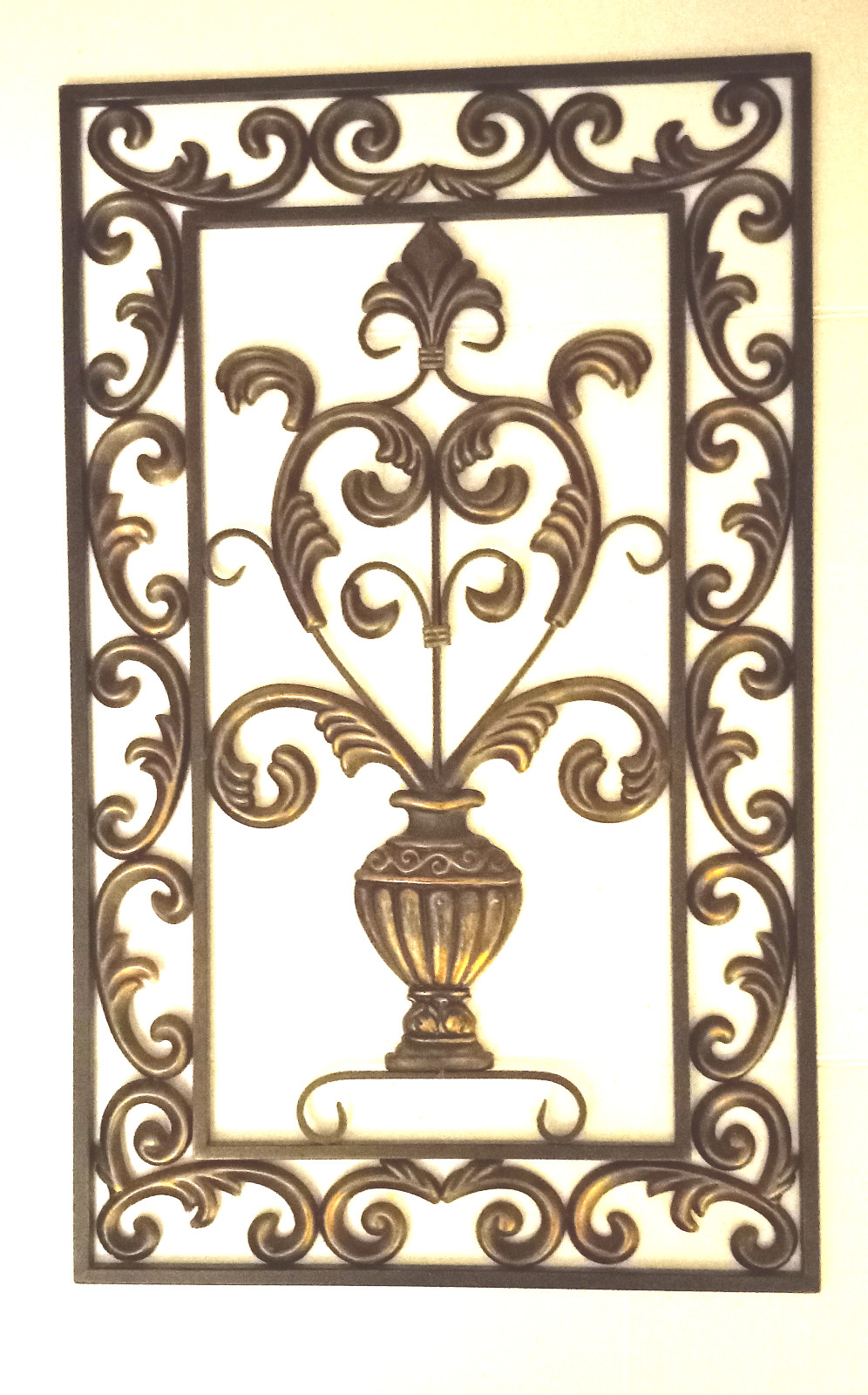 2 Antique DISTRESSED COLOR FINISH Wrought Iron FLORAL WALL DECOR PANELS 31 x 19″
