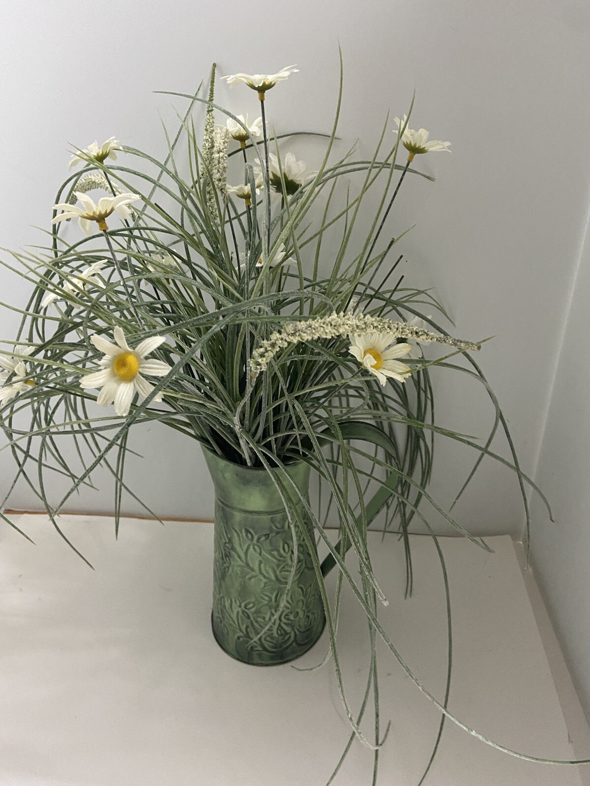 Silk Flowers in a Green Metal Pitcher 18 inches high