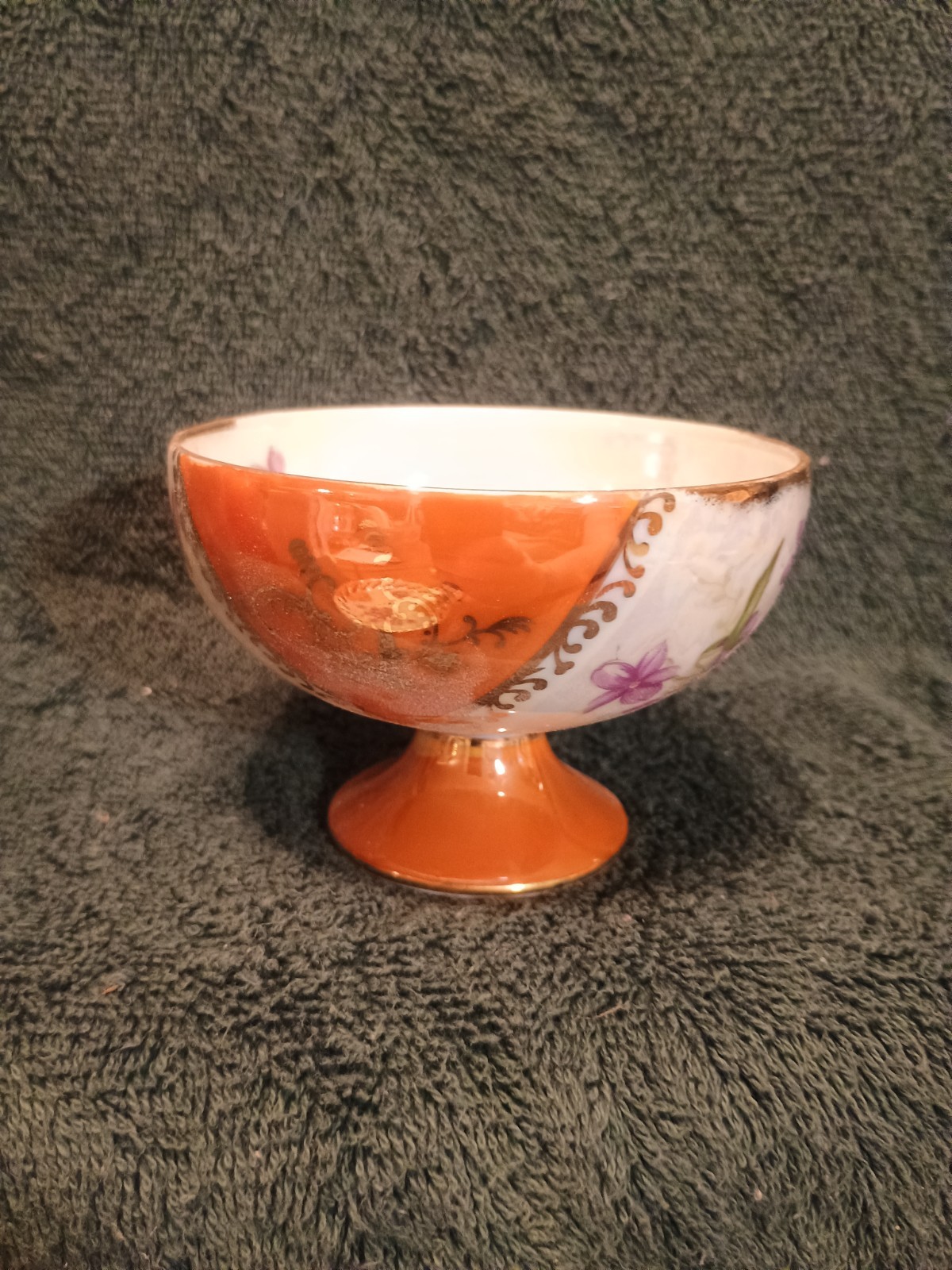 Purple Flowers With Orange And Gold Trim. Cut Out Saucer