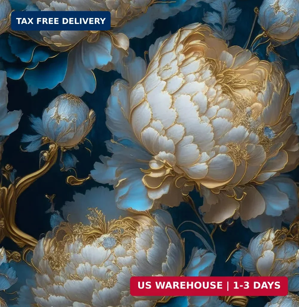 REDAMANCY Vintage Dark Navy Blue Gold White Peony Large Floral Peel and Stick Wa