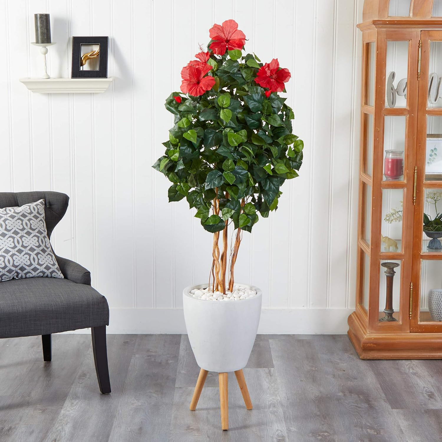 58″ Hibiscus Artificial Tree in Stylish White Planter with Stand