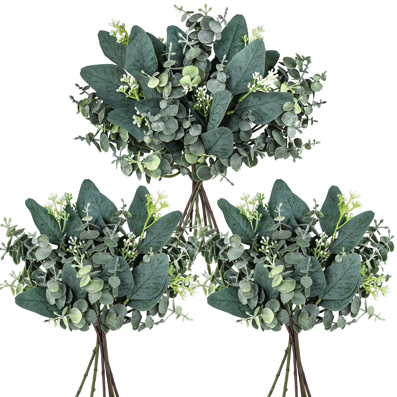 20 Pcs Mixed Artificial Oval Eucalyptus Leaves Bulk with White Seeds Stems an…