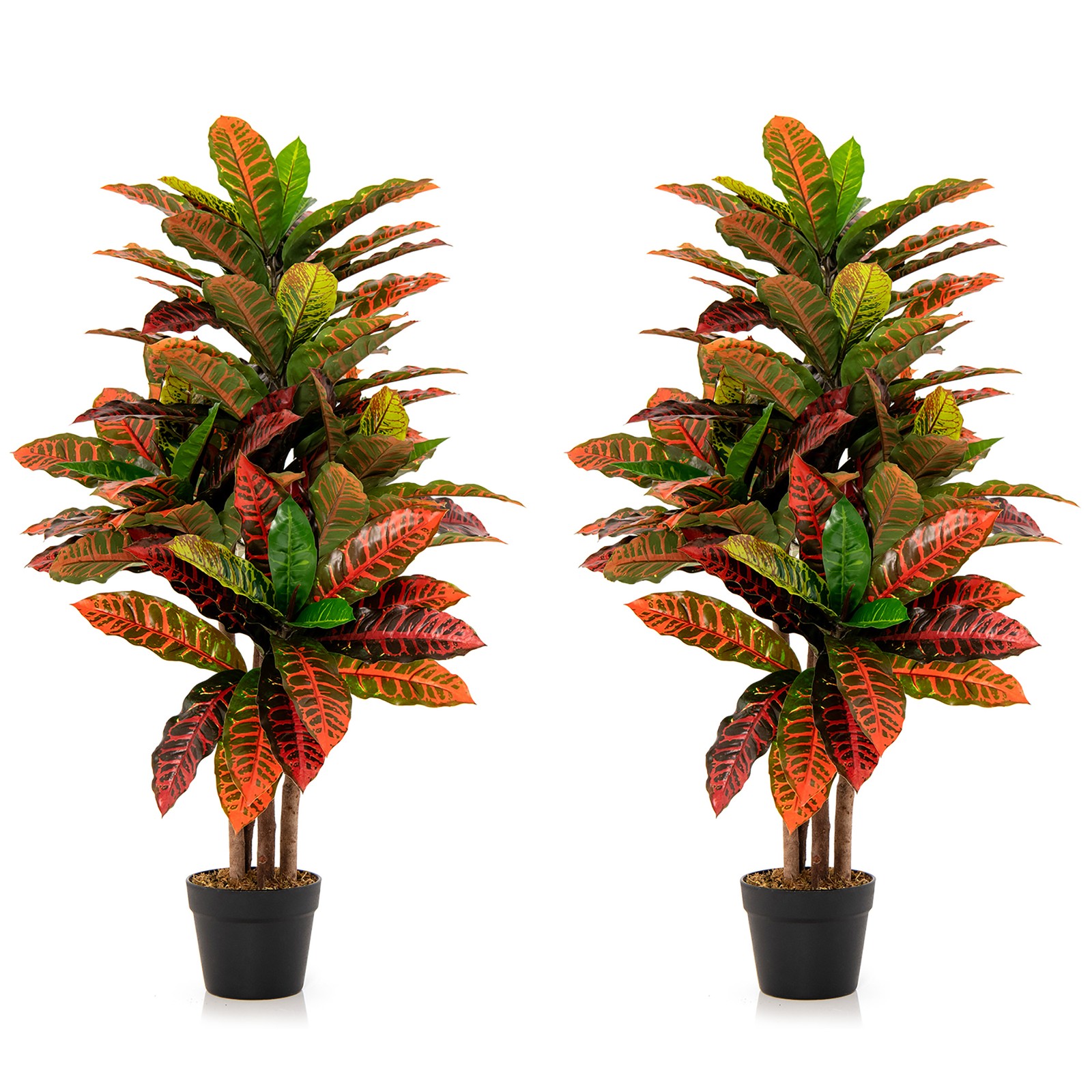 40” Tall Artificial Croton Plant w/ Colorful Variegated Leaves & Natural Wood