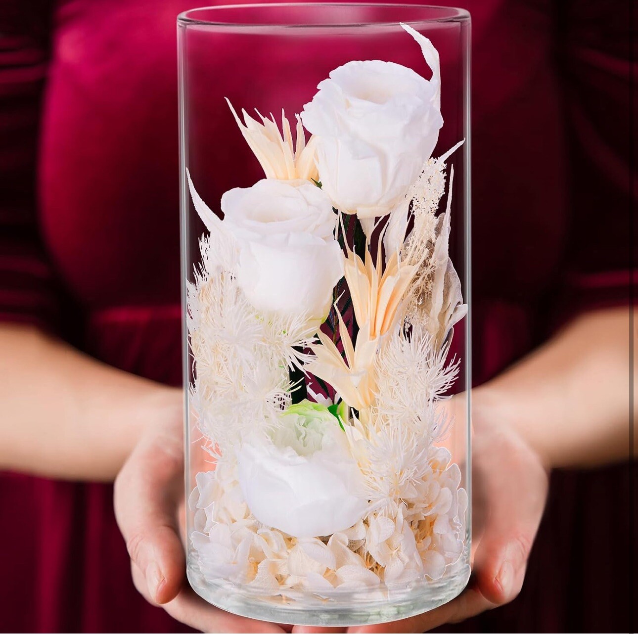 VGNQA Preserved Rose in Glass Dome White Dried Flower Arrangement Gift for Women