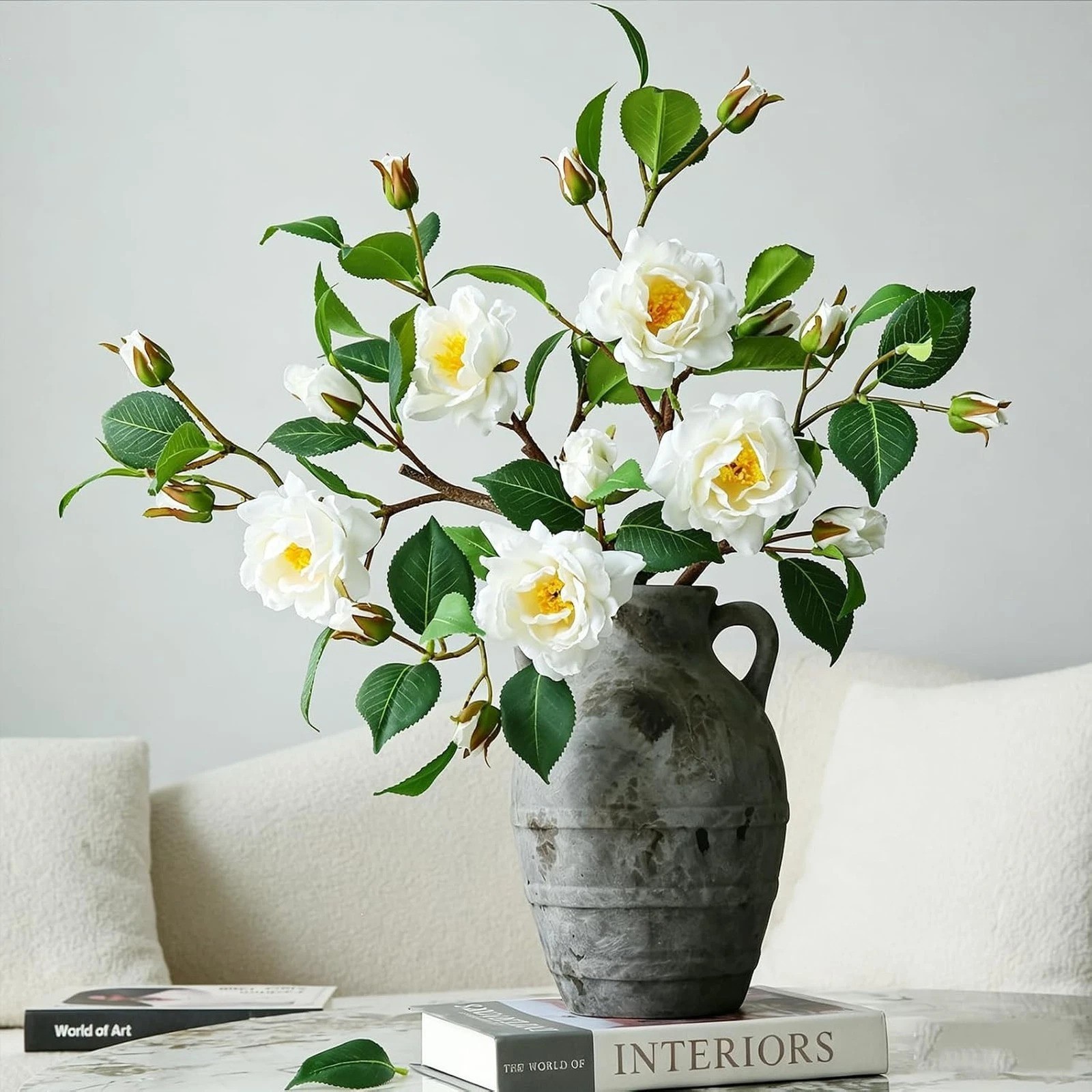 Artificial Camellia Flower Stems for Vase Decoration Faux Silk White Indoor