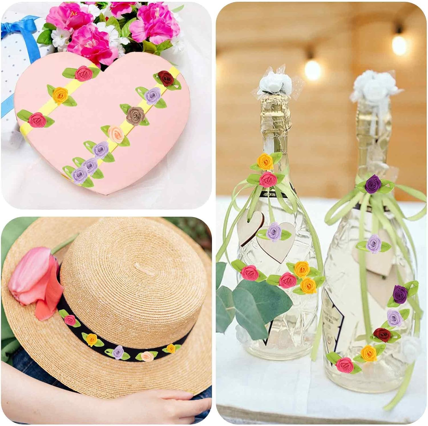 100 mini flores manualidades rosas satin hojas verdes pequenas decoracion DIY