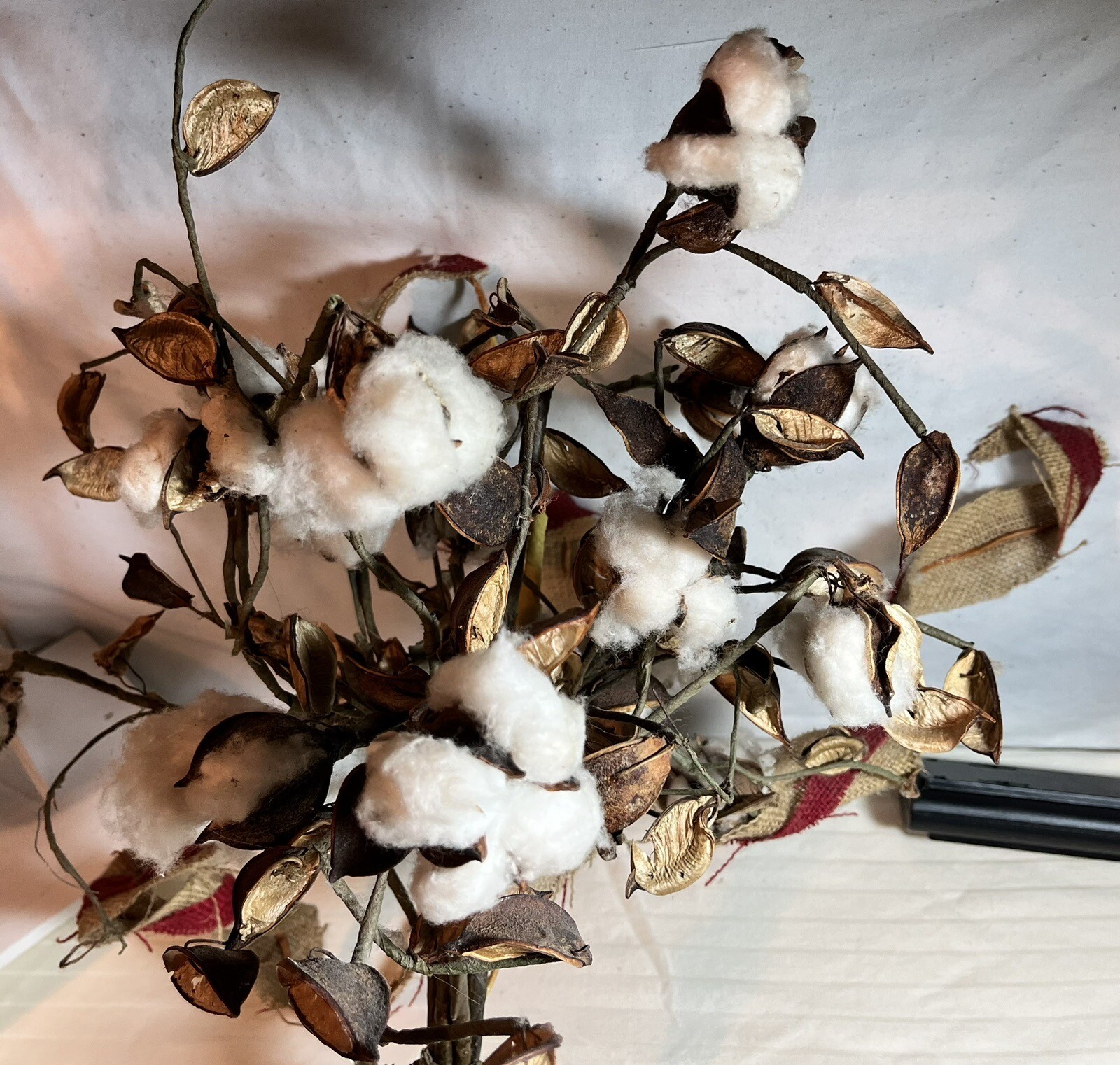 Home Decor. Set Of Cotton Stalks . Set Of Four With Burlap Ribbon