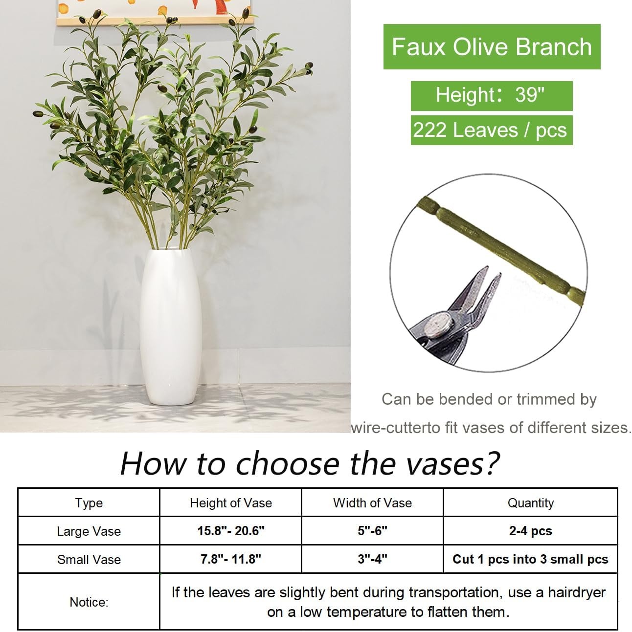 39 Inch Artificial Olive Branches for Vases, Fake Plants Greenery Stems