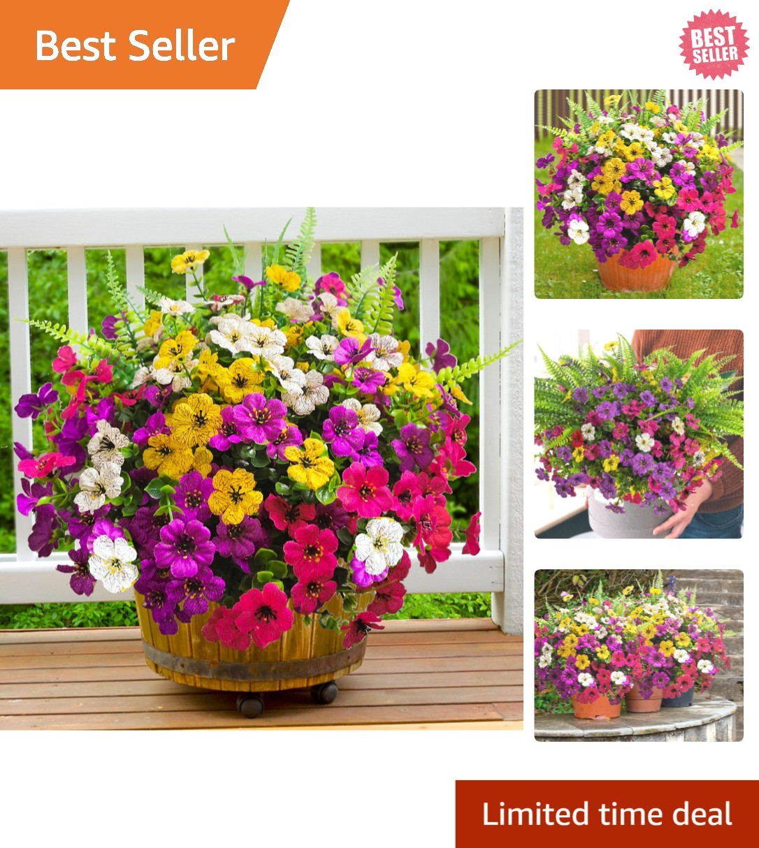 Multi-Season Colorful Faux Flower Bundles – 16 UV Protected Plants for Outdoors